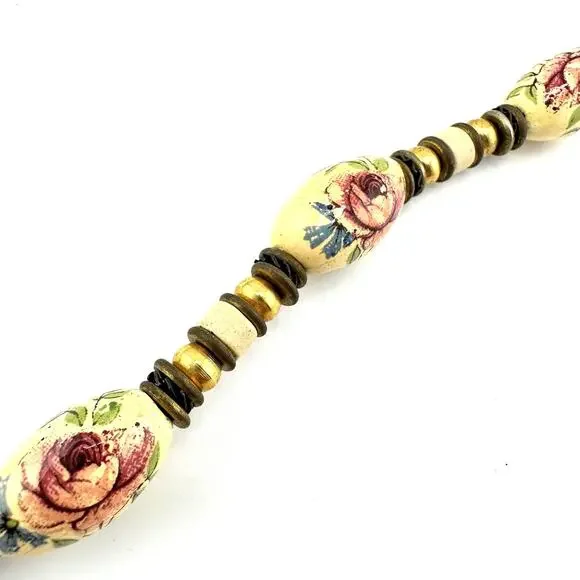 Vintage Glass Rose Transfer Gold Tone Beaded Romantic Sweet 20” Necklace - Picture 5 of 6